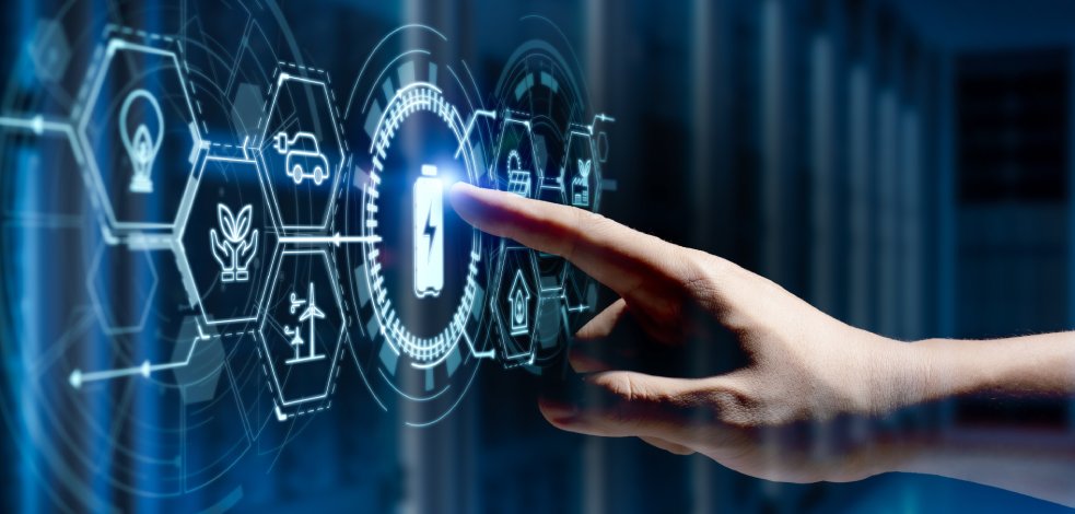 A hand touching a digital interface displaying interconnected icons representing energy, sustainability, and resource efficiency.